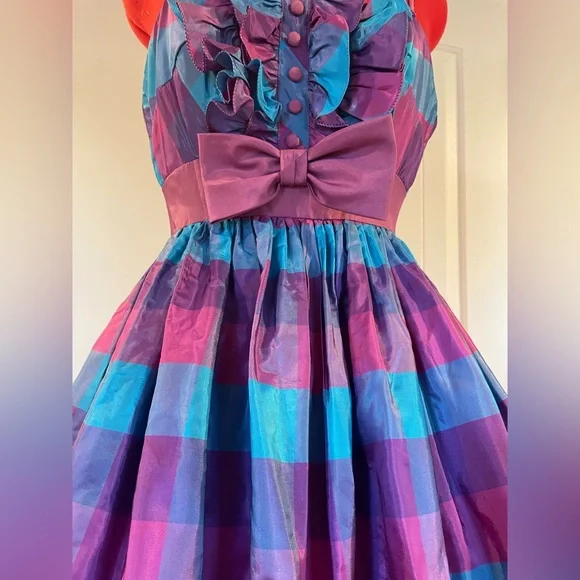 1960s / 1950s VTG Blue Purple Plaid Tuxedo Bodes Fit & Flare Sundress - Picture 3 of 9